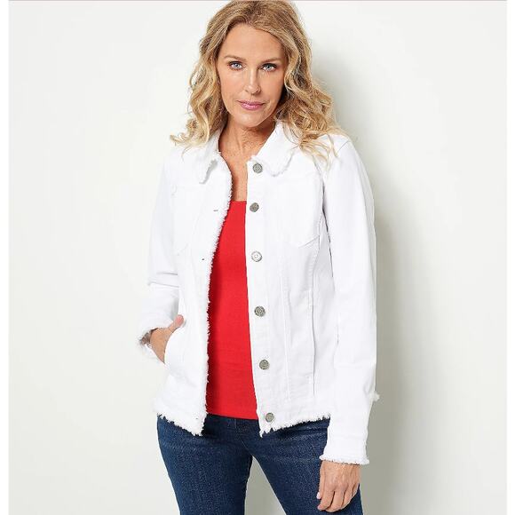 Susan Graver Stretch Denim Size M White Button-Front Frayed Jean Jacket - Picture 1 of 9